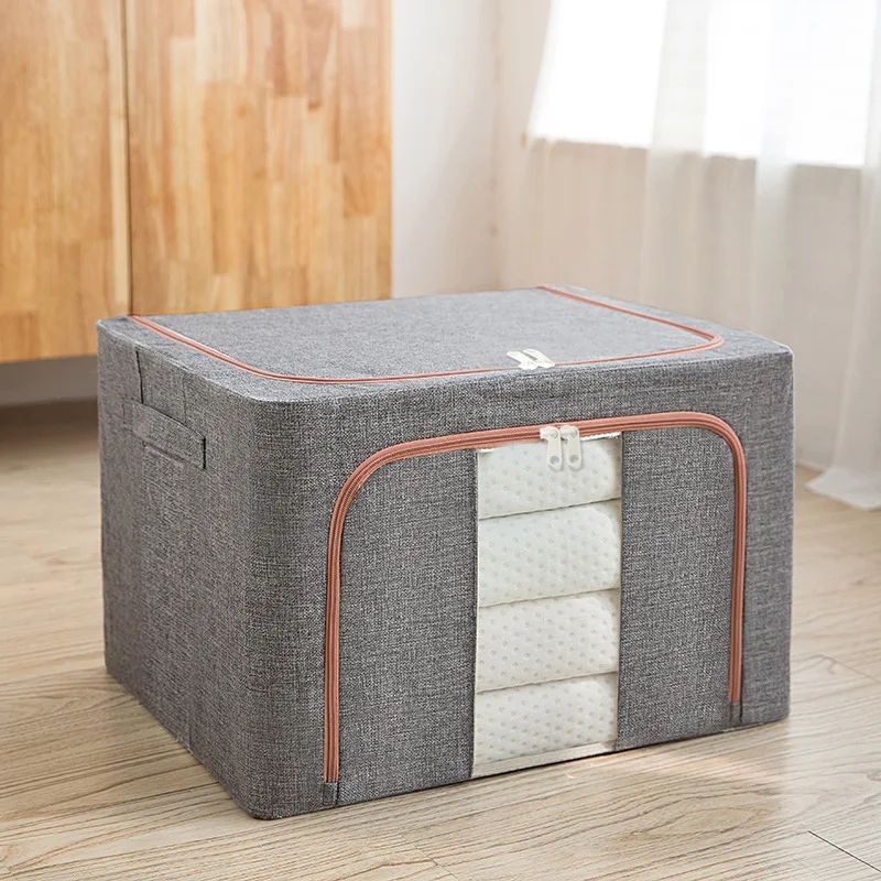 Factory Cheap Price RTS 24L 66L 100L Polyester Linen Collapsible Steel Frame Storage Box For Living Home In Stock