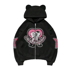 New Cute bear Rhinestone Zip Up Hoodies Women Oversized Sweatshirts Winter Jackets Streetwear Women Crop Hoodie