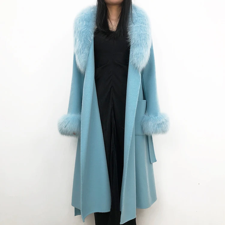 Plus size overcoat women customized long cashmere belted wool  pea coat