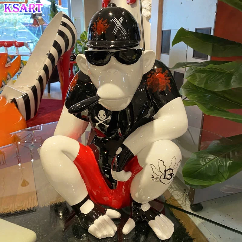 Cartoon monkey resin colorful orangutan sculpture Custom personality cigar monkey wear hats animal statue home decor