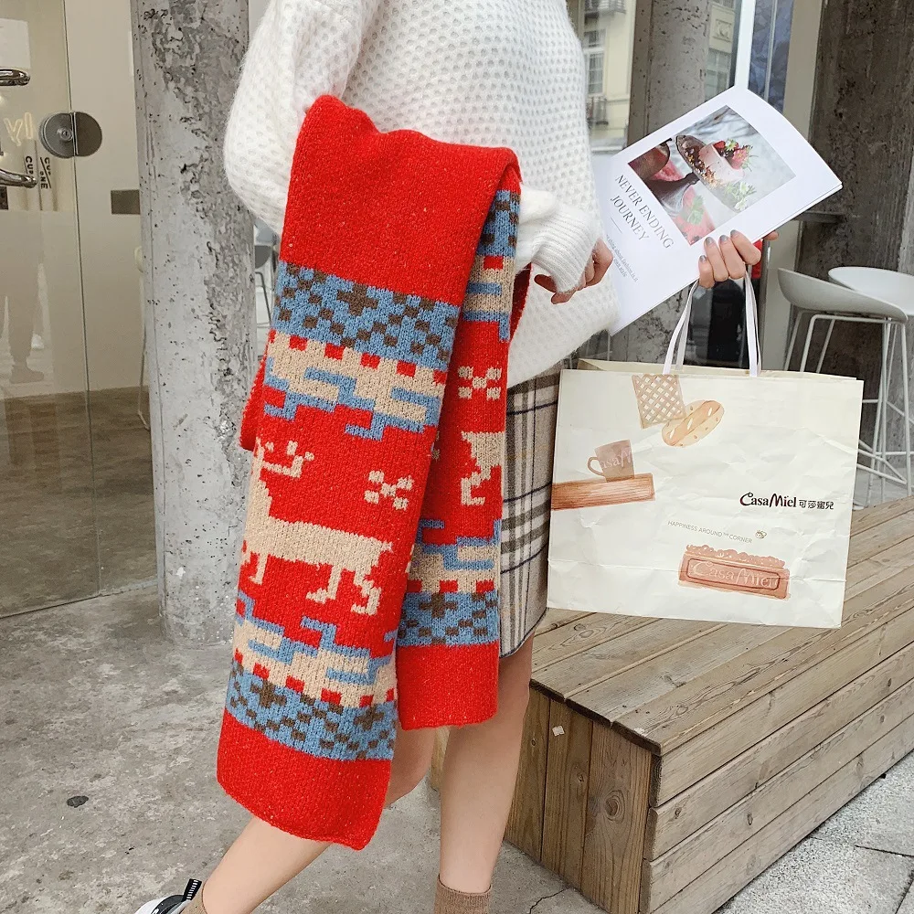 2021 autumn winter Korean new Christmas elk warm scarf women thickened long knitted