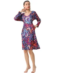 Four Seasons Wholesale Ultra Soft Fashion Women Full Long Sleeve Dress Hot Sale Vintage Paisley Flower Lady Dress with Pockets