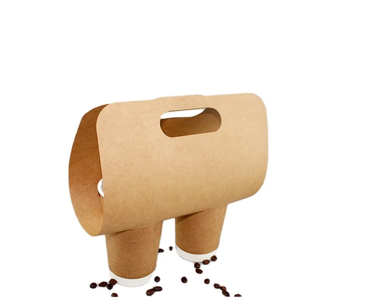 Disposable Paper Milk Tea Coffee Cup Holder Tray with Handle Kraft Paper Beverage Offset Printing Paper