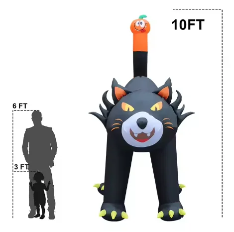 Grim 10FT Halloween Yard Decoration Black Cat With Built-in Led Light Outdoor Animated Halloween Inflatables For Lawn Party