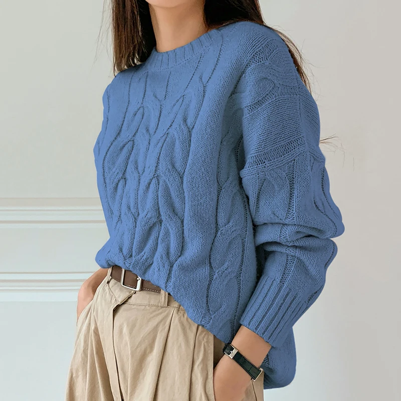 Solid Color Ladies Casual Sweater Fashion Round Neck Big Braid Cable Rib Cashmere Sweater