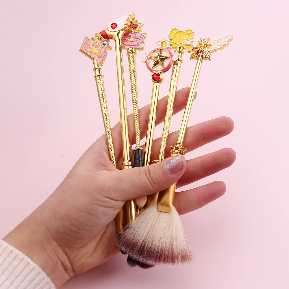 6pcs Anime Cardcaptor Sakura Moon 6pcs Makeup Cosmetic Brush Set Metal Beauty Tool Gold Lovely Loose Brush