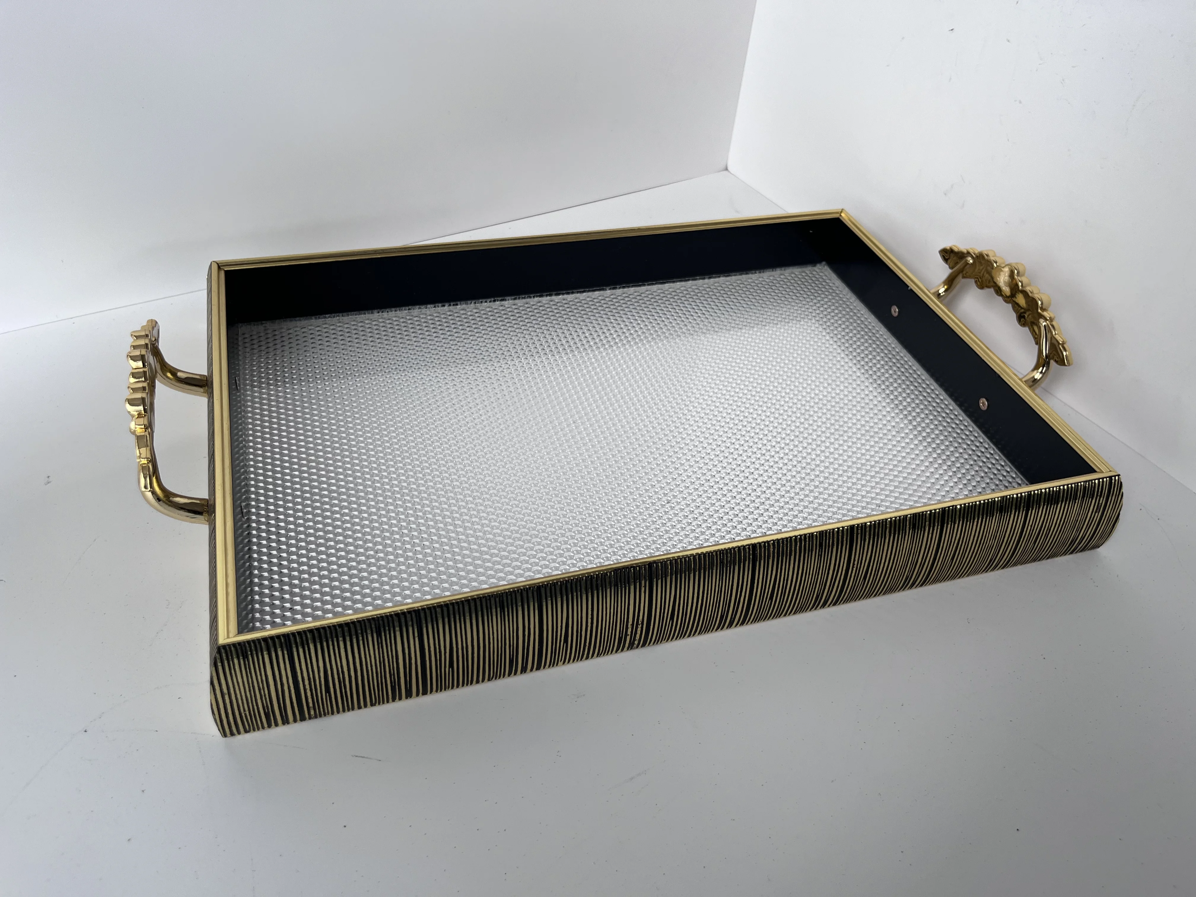 Customized acrylic bottom Black gold line carving decoration Serving Trays with beautiful handle