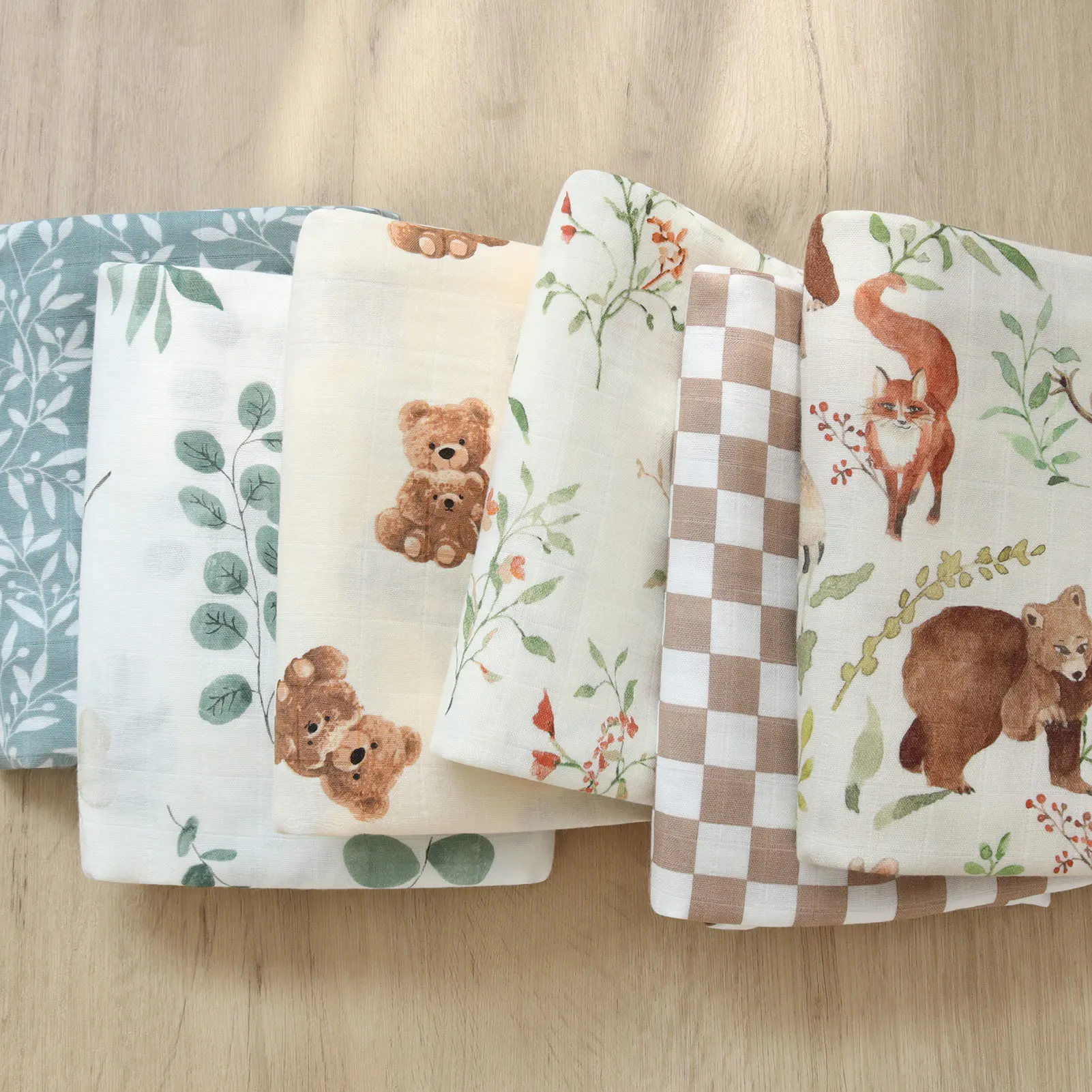 2022 New Baby Muslin Swaddle Blanket Set Organic Bamboo Cotton 47*47 inches Forest Natural Animals Printed Newborn Wraps