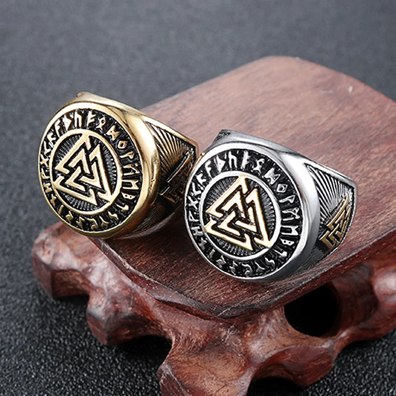 Viking Odin Triangle Ring Mens Engraved Signet Ring Stainless Steel Celtic Knot Triquetra Rings For Men Wholesale Jewelry