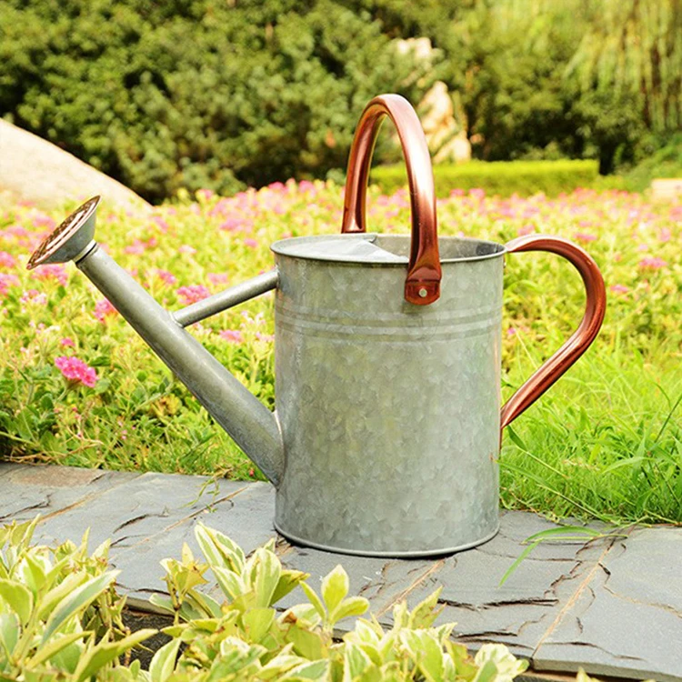 Rustic 4L Metal Plant Garden Watering Can Silver Galvanized Watering Can with Copper Handles