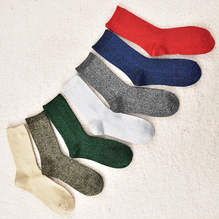 Lady Fashion Cool New Summer Thin Shiny Metallic Silver Gold Lurex Glitter Shimmer String Knitted Stretchy Dress Socks for Women