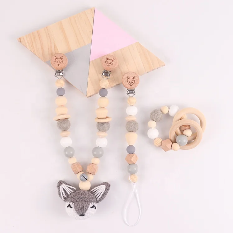 High Good Quality 3pcs/set Cartoon Animal Fox Shape Wooden Pacifier Chain Baby Chew Toy Teether Set