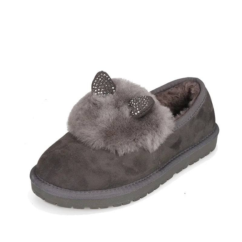 Custom cheap unisex suede upper rabbit fur soft leather sole wool winter women moccasin slippers loafer shoes