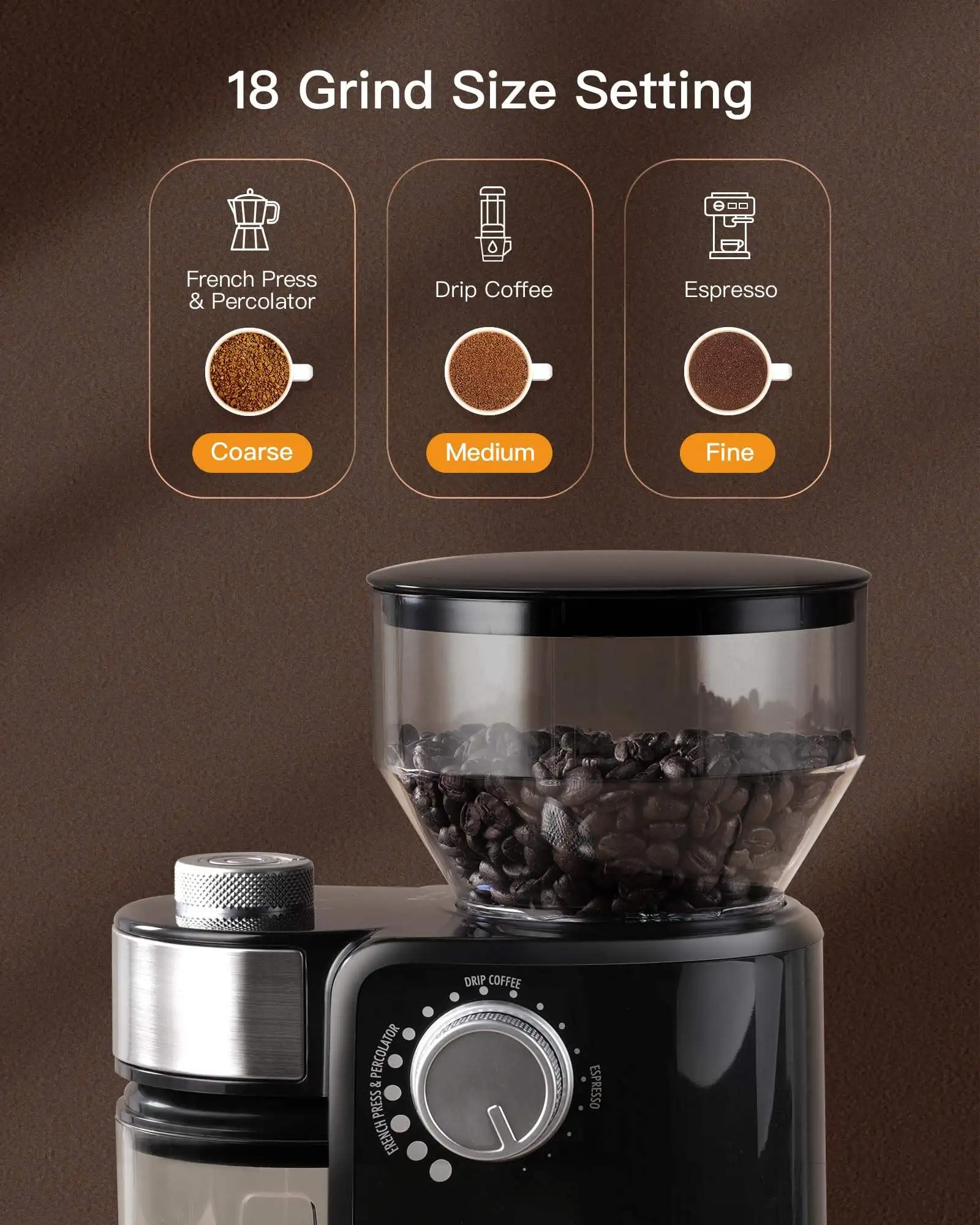 18 Precise Grind Setting Adjustable Burr Mill  Conical Coffee Grinder Electircs Press Espresso Grinder