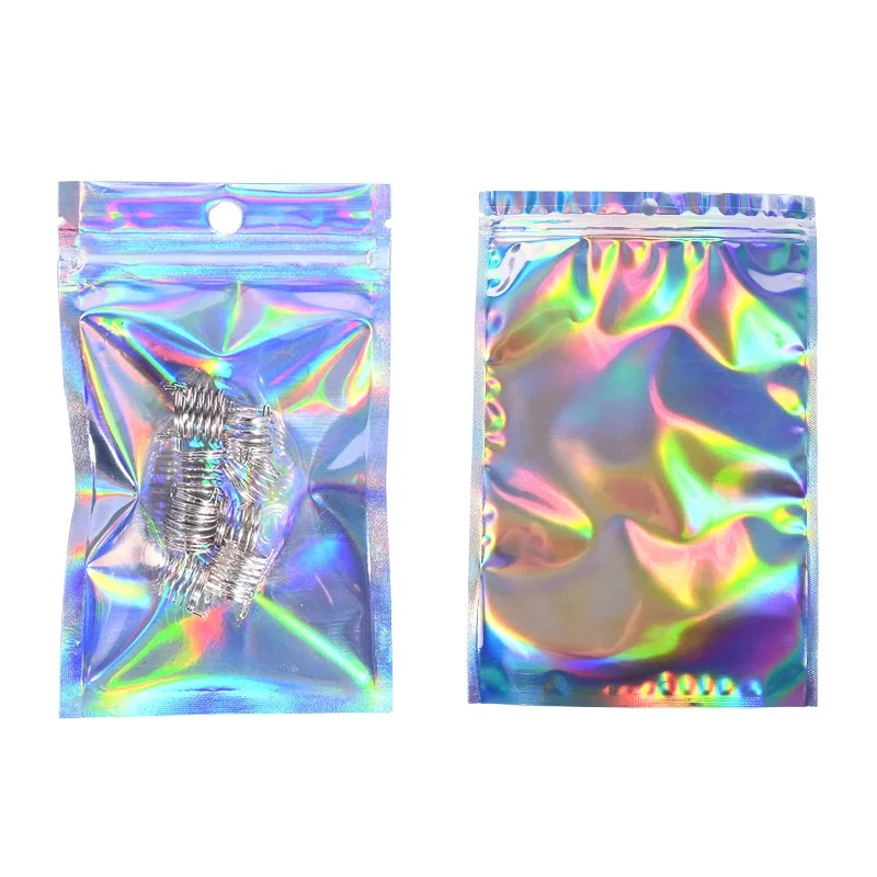 Custom printed logo redusable laser foil plastic pouch holographic jewelry packaging bag