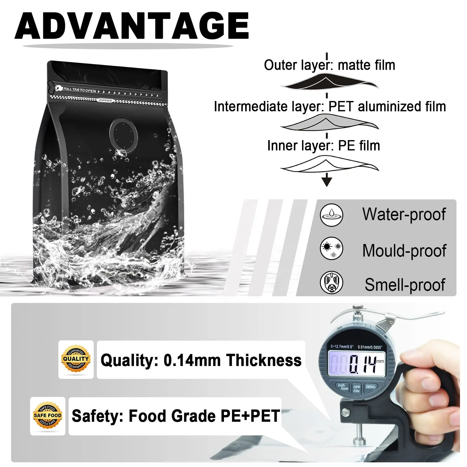 3-tier Design Barrier Store 16oz Blackcoffee Bag Custom Print With One-way Air Valve For Nut Snacks Candy Flowers