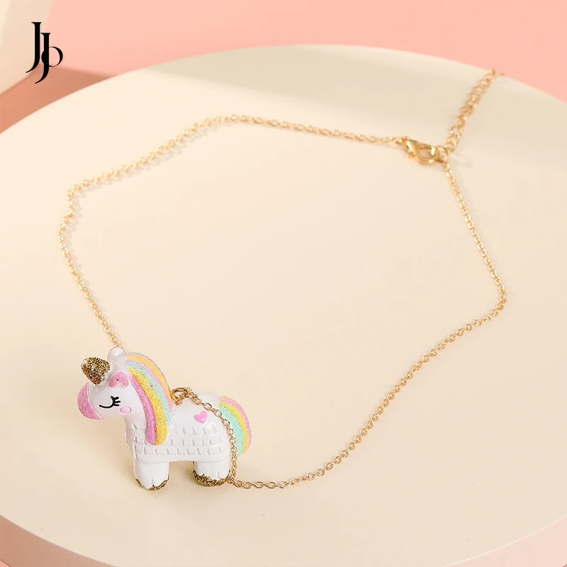 JOJO Fashion Cute Cartoon Rainbow Resin Unicorn Girls Kids Necklace Pendant Jewelry