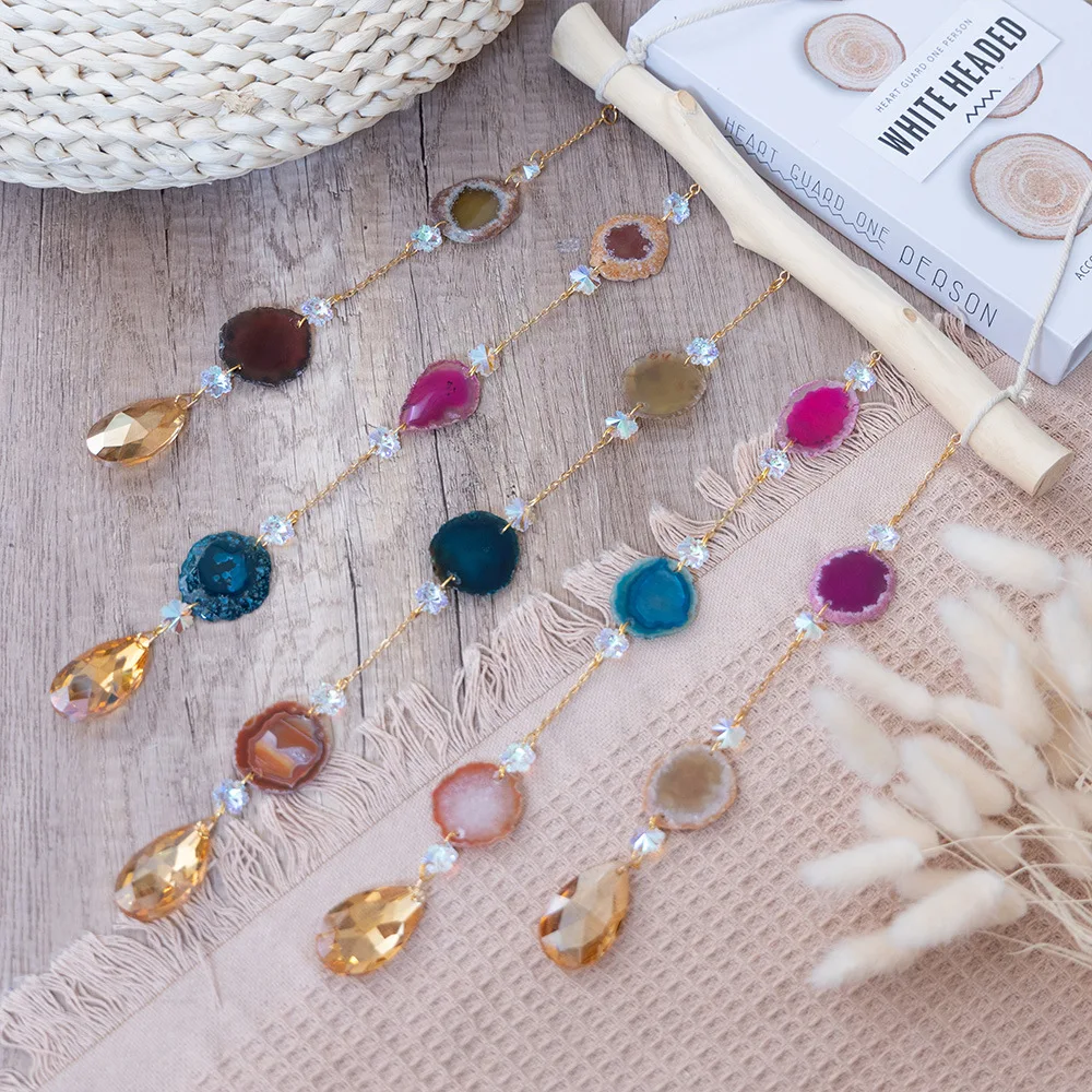 Wholesale Agate Wooden Stick Wall Hanging Dream Catcher Room Window Wind Chimes Crystal Agate slices Crystals Sun Catcher SC060