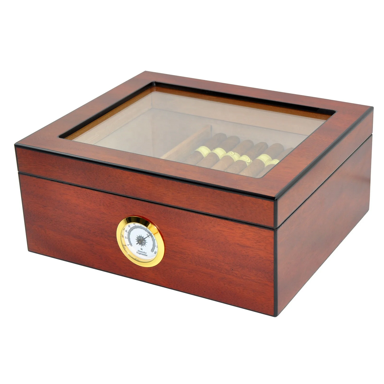 RTS tempered glass top Analog  hygrometer Spanish Cedar Wood  Cigar Storage Box Desktop Cabinet Wooden Cigar Humidor