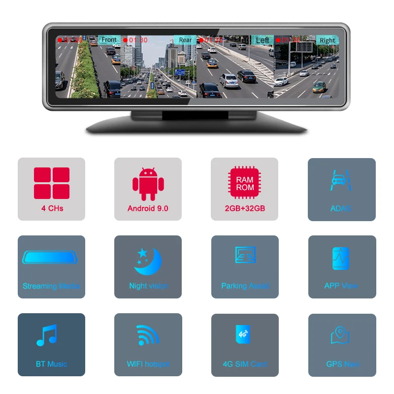 Автомобильная камера 12 дюймов 4 канала Android 9 0 4G 360 градусов Adas Gps-навигация 720P Wi-Fi дистанционное управление через приложение видеорегистратор