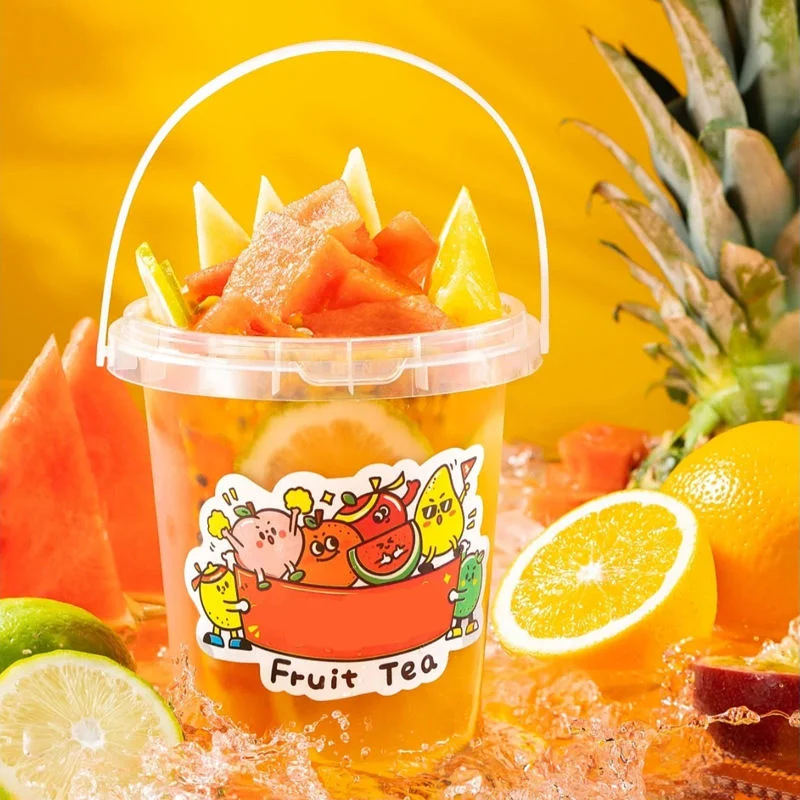 Custom Logo Printed Disposable PP Clear Party Bucket 500ml 700ml 1000ml Plastic Cup with Handle and Lid for Tea Juice Milk