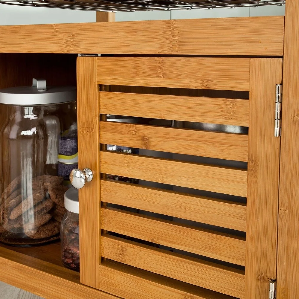 Modern Rustic Bamboo Kitchen Dining Cart Trolley with Sliding Drawer, Bottom Shelf and Metal Wire Baskets