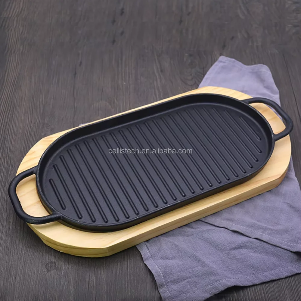 Hot Sale Cast Iron Sizzler Plate enamel coating BBQ Hot Grill Pan Griddle Plate Sizzling Beef baking tray with Wooden Tray Base