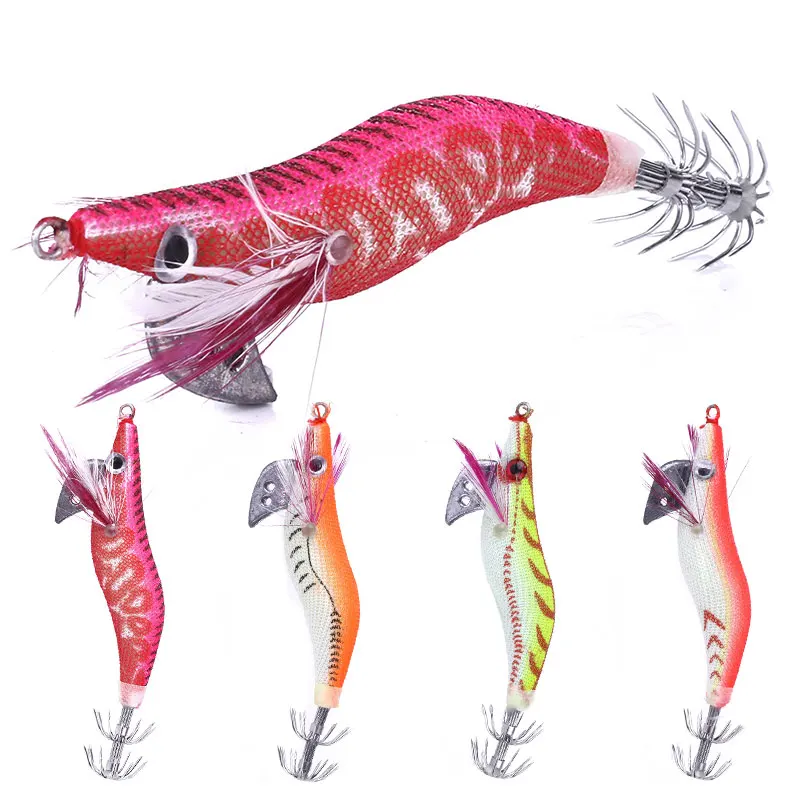 Wholesale 8cm 7.4g 2.0# Japanese Design Wooden Shrimp Bait Lifelike Squid Jig Fishing Lures