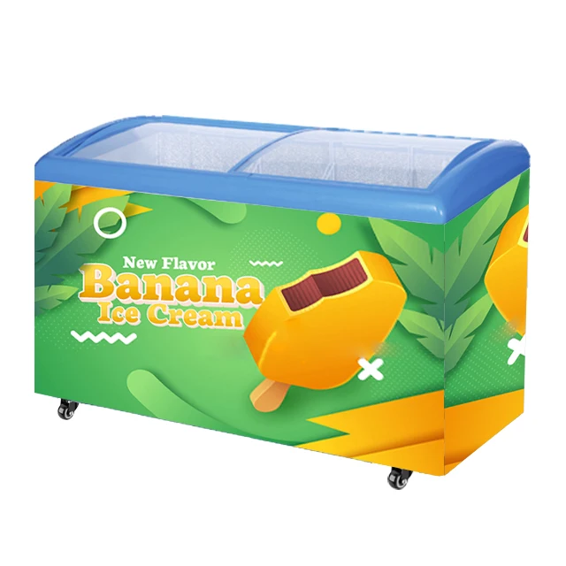 Factory Direct Tempered Display Supermarket Horizontal Curved Sliding Door Ice Cream Showcase Freezer