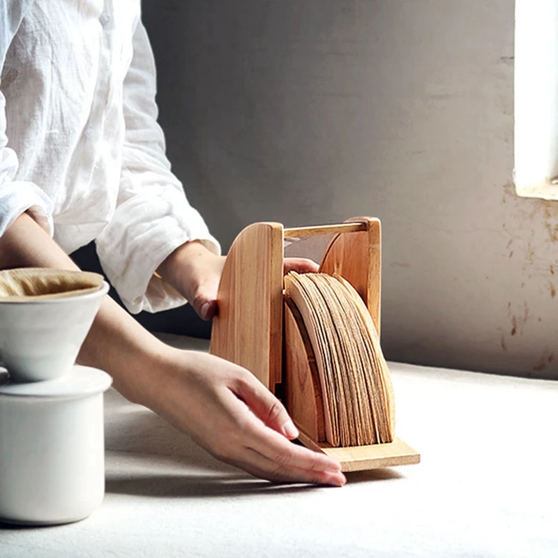 Natural Bamboo Office Organizer Coffee Accessories Filter Paper Holder Organizer Storage Rack