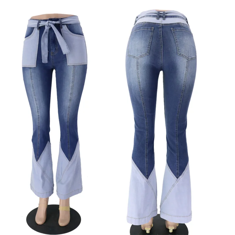 Women High Waist Two Color Stitching Slim Denim Pants Jeans With Belt  Beauty Denim Flared Pants
