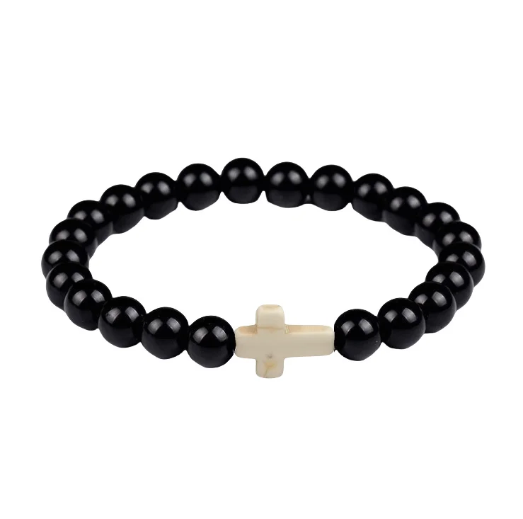 New Design Natural Wholesale 8mm Cross Black Turquoise Black Bracelets Stretch Stone Bead Cross Bracelet