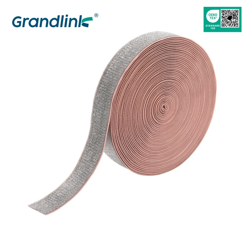 Factory Custom Logo High Tenacity Polyester Gold Silver Shiny Silk Elastic Webbing Fabric Rubber Band Luxury Webbing for garment
