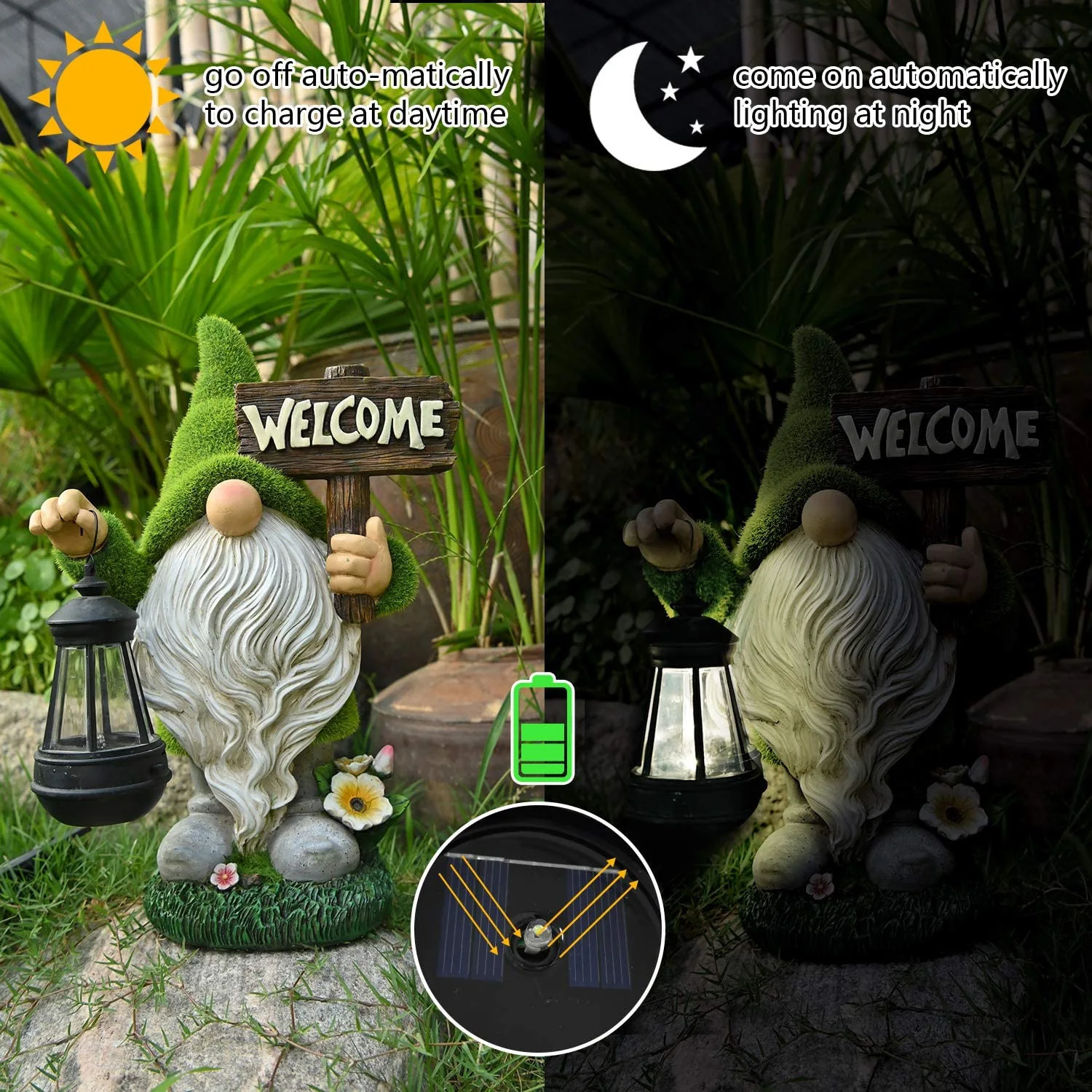 Large Funny Resin Gnome Figurine with Solar LED Lights Outdoor Decorative Yard Lanterns Garden Ornaments