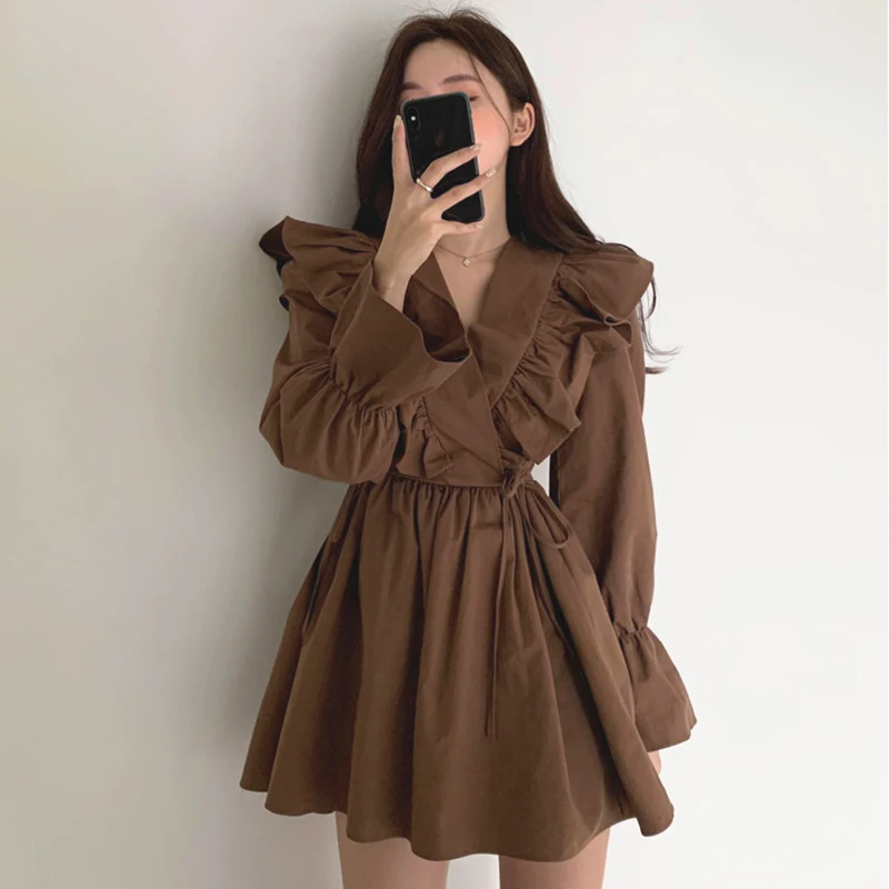 Korean Chic Retro V-neck Cross Ruffled Dress Lace Up Fitted Waist Flare-Sleeve Short Dress Long Sleeve Ruffles Mini Dress