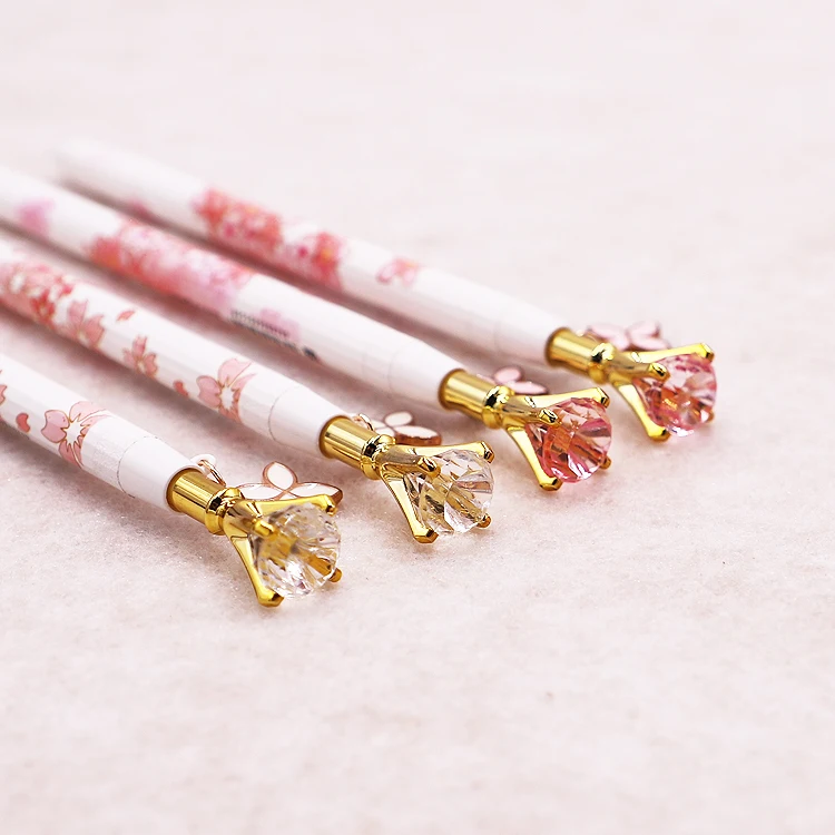High Quality Cute Flower Printed Crystal Gel Pen Pink and White Diamond Gel lnk Pens for Scholl Office Stationary