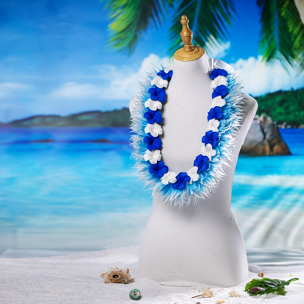 80CM Artificial Silk Grass Of Spring & Foam Plumeria Lei KN-hls004-1 Hawaii Flower Necklace Festival Neck Ring Party Wreath Swag