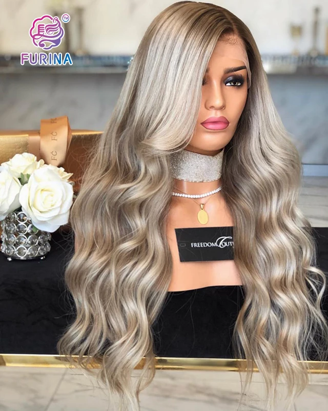 White women long wavy 26' Japanese fiber middle part ombre highlight synthetic lace wigs