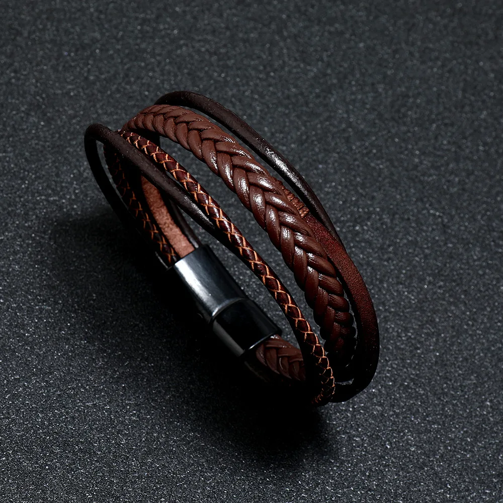 Wholesale Black Stainless Steel Magnetic  Handmade Genuine Wrap Bulk Titanium Woven Braided Multilayer Leather Bracelet for Men