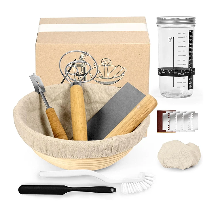 Round sourdough bread proofing baskets beginner starter set including 9 inch hand made basket glass jar whisk and more