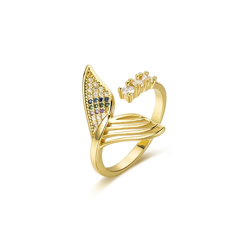 KR23C Luxury Dainty Open Cz Bling Fish Tail Colourful Zircon Ring Adjustable Women Gold Plated Mermaid Rings