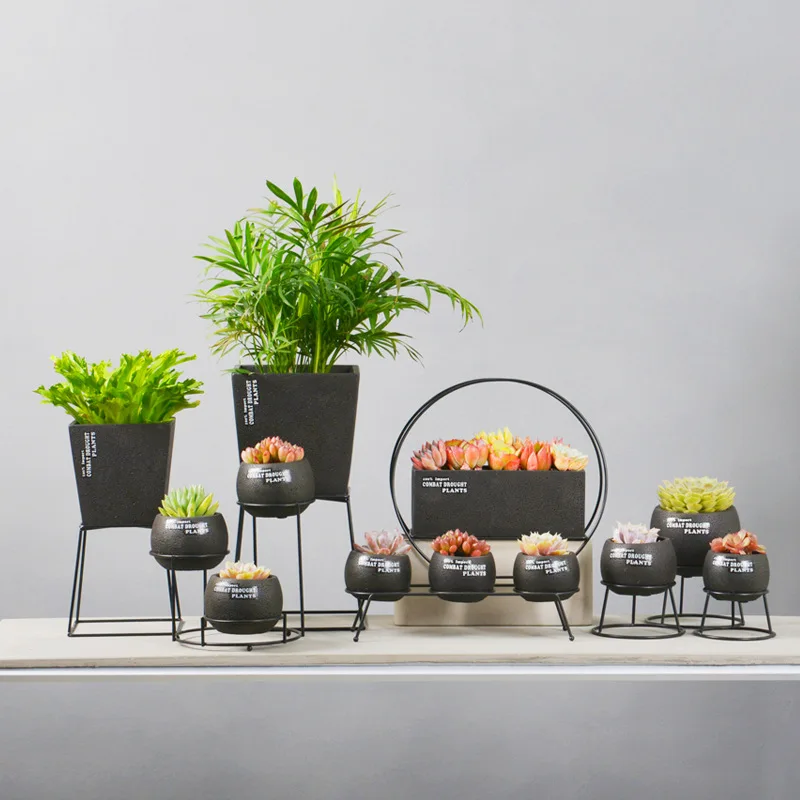Custom color matte Concrete Planter round Cement Mini Small gift cactus Succulent flower pot with metal rack