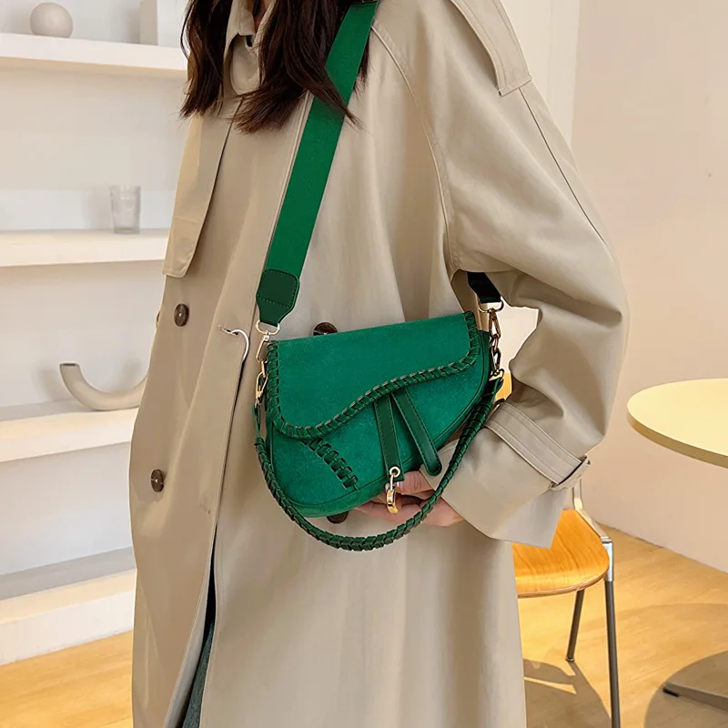 women fashion minimalist new Korean style retro handbags wide shoulder strap crossbody braided saddle bag