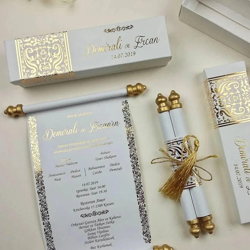 Роскошный Пользовательский логотип прокрутки приглашения ручной работы винтажные свитки свадебные с золотой фольгой бумажная коробка