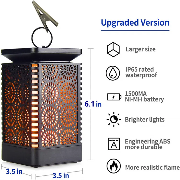 
Factory Outdoor Hanging Flickering Dancing Flame Decoration Solar Light Waterproof Ip54 Led Garden Security Lighting 