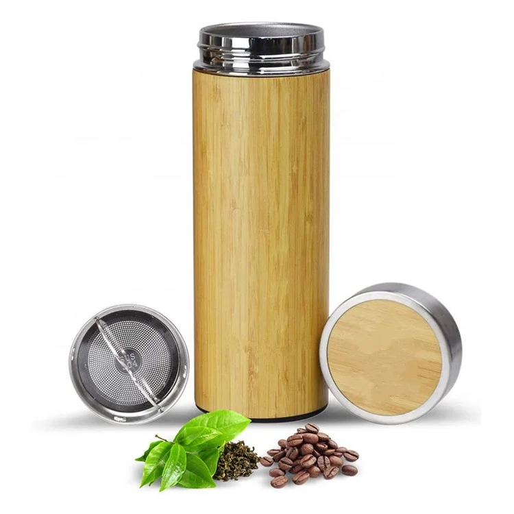 Private label 500ml stainless steel bamboo water bottle 18/8 bamboo tea infuser bottle tumbler for Gift
