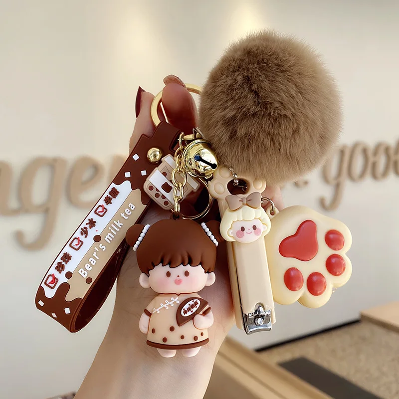 Creative Milk Bottle Crystal Milk Keychain Cute Hairy Ball Flowing Liquid Key Chain Milk Tea Bear Floating Liquid Keyring