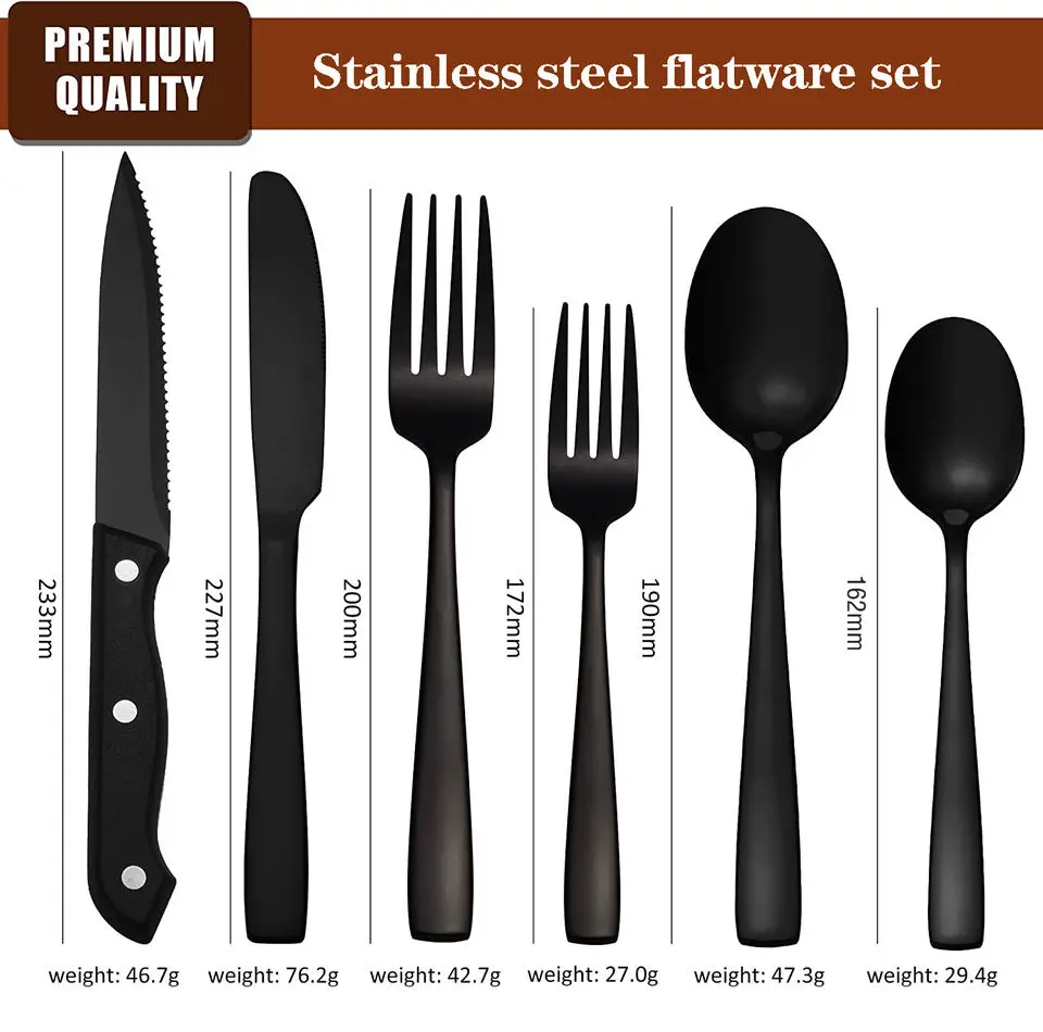 Amazing Hot Sell Silverware 36/48/72 Pieces Heavy Knife Spoon Fork Besteck Black Flatware Set Stainless Steel Cutlery Set