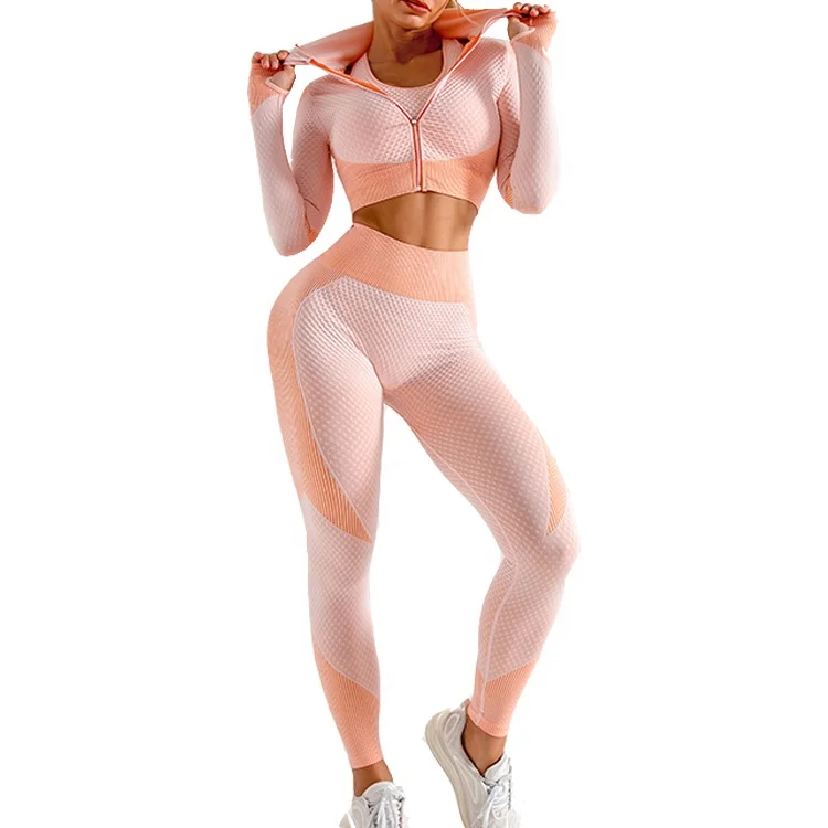 
Women 3 Piece Fitness Sportswear Tracksuit Workout Outfits Set Crop Top Leggings and Sports Bra Seamless Yoga Set With Zipper 