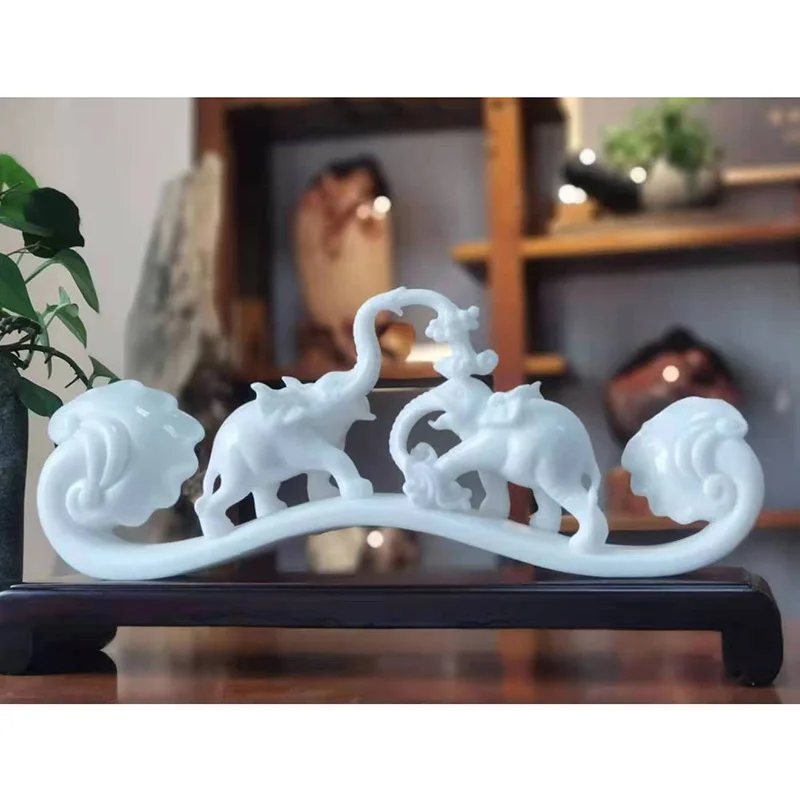 Natural Stone Jade Buddha Statue Home Decor Animal White Elephant Art Statue for Indoor